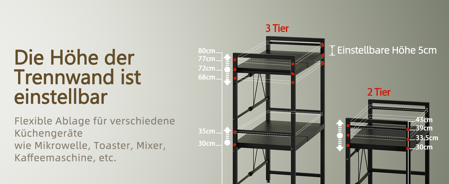 Підставка для мікрохвильової печі NETEL 3-ярусна, розширювана, з 8 гачками, чорна