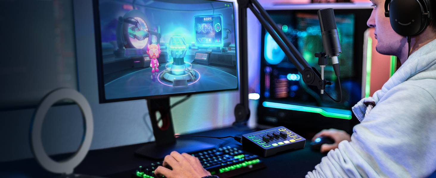 FIFINE ігровий аудіомікшер для ПК, RGB звукова карта для XLR мікрофона, аудіоінтерфейс для стрімінгу та музикантів, мікшерний пульт для геймерів і креаторів, індивідуальне керування, зміна голосу, чорний