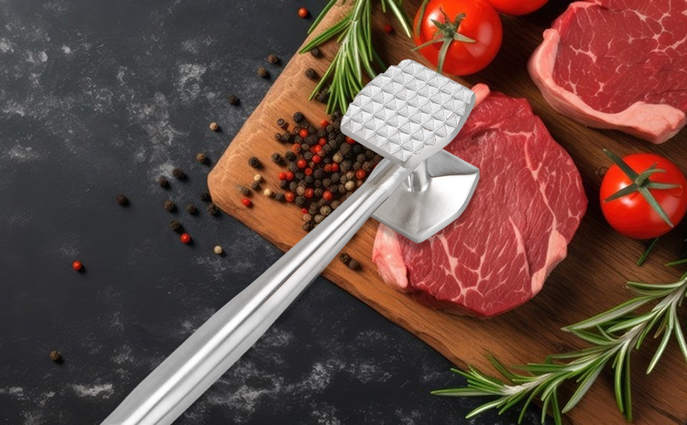 АКОЛАФЕ Fleischklopfer: М'ясорубка для відбивання м'яса з нержавіючої сталі, 26 см, подвійна сторона, для стейків, курки, свинини, реберець, антипригарне покриття, з отвором для підвішування, придатна для миття в посудомийній машині