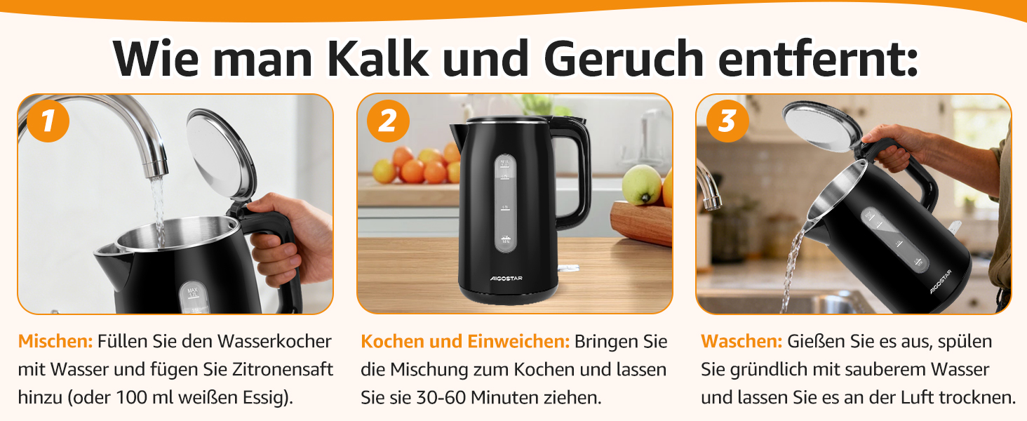 Електричний чайник Aigostar з нержавіючої сталі, чорний, 1.7 л, 2200 Вт - Швидкий кип'ятіння, подвійні стінки, без пластику, індикатор рівня води, автовимкнення, BPA-free, для кухні та офісу