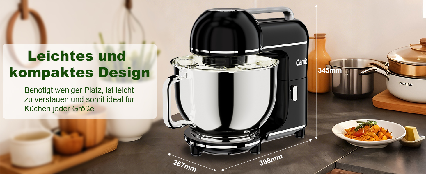 Кухонний комбайн-міксер Camic 2000W, чаша зі сталі 7л, 10 швидкостей, з набором насадок (гак, вінчик) та захистом від бризок, чорний