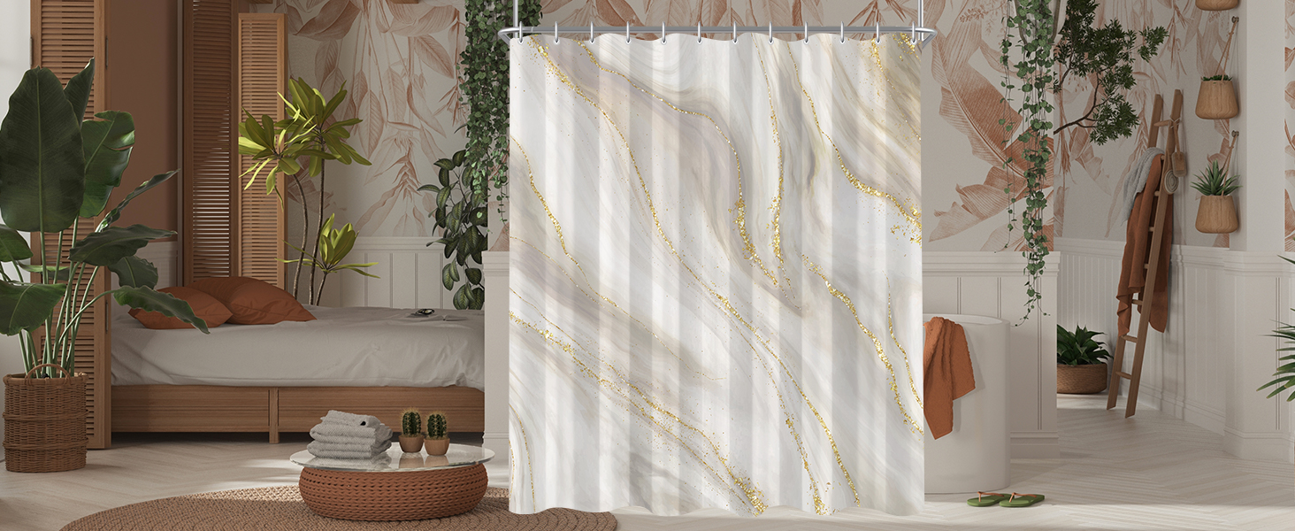 Штора для ванної кімнати 180x200 см з антигрибковим покриттям, водовідштовхувальна, поліестер, з кільцями (Phnom Penh Сірий мармур)