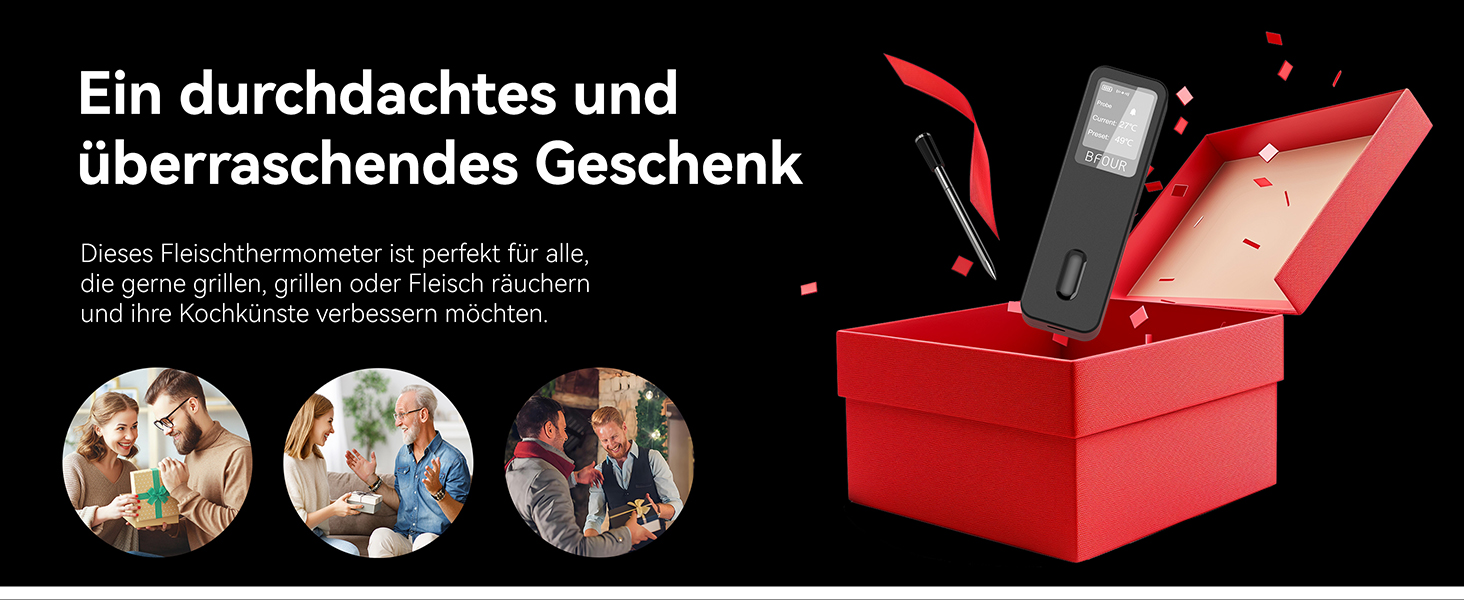 Термометр для м'яса BFOUR BF-30 PRO: бездротовий Bluetooth термометр-щуп з LCD-дисплеєм, IP67, для приготування BBQ, гриля, духовки, кухні (чорний)