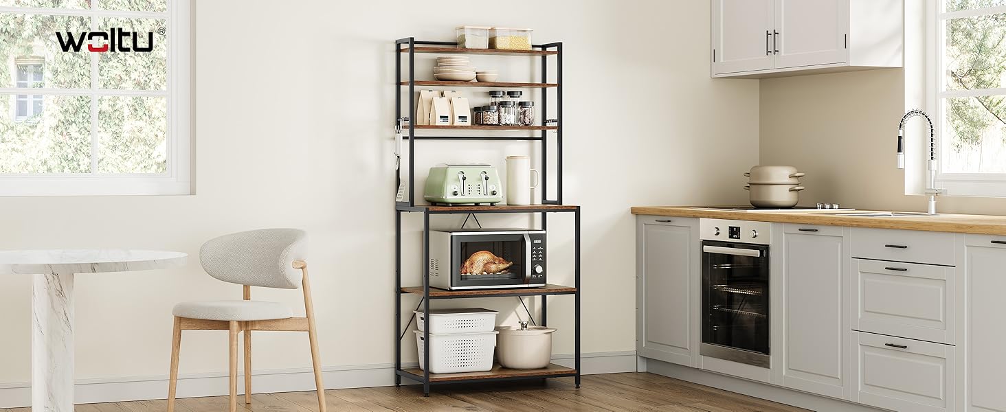 WOLTU Kitchen Shelf, Freestanding Shelf, Microwave Holder, Baker's Rack, Metal Shelf made of Wood and Steel, with 3 Shelves, approx. 60 x 40 x 82 cm, White + (Vintage Brown)