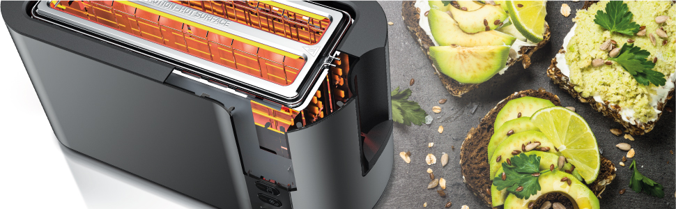 Тостер Arendo з нержавіючої сталі з 4 широкими слотами, подвійні стінки, вбудований тримач для булочок, 6 ступенів підсмажування, центрування хліба, автоматичне відключення, дисплей з відображенням часу (A: Cool Grey)