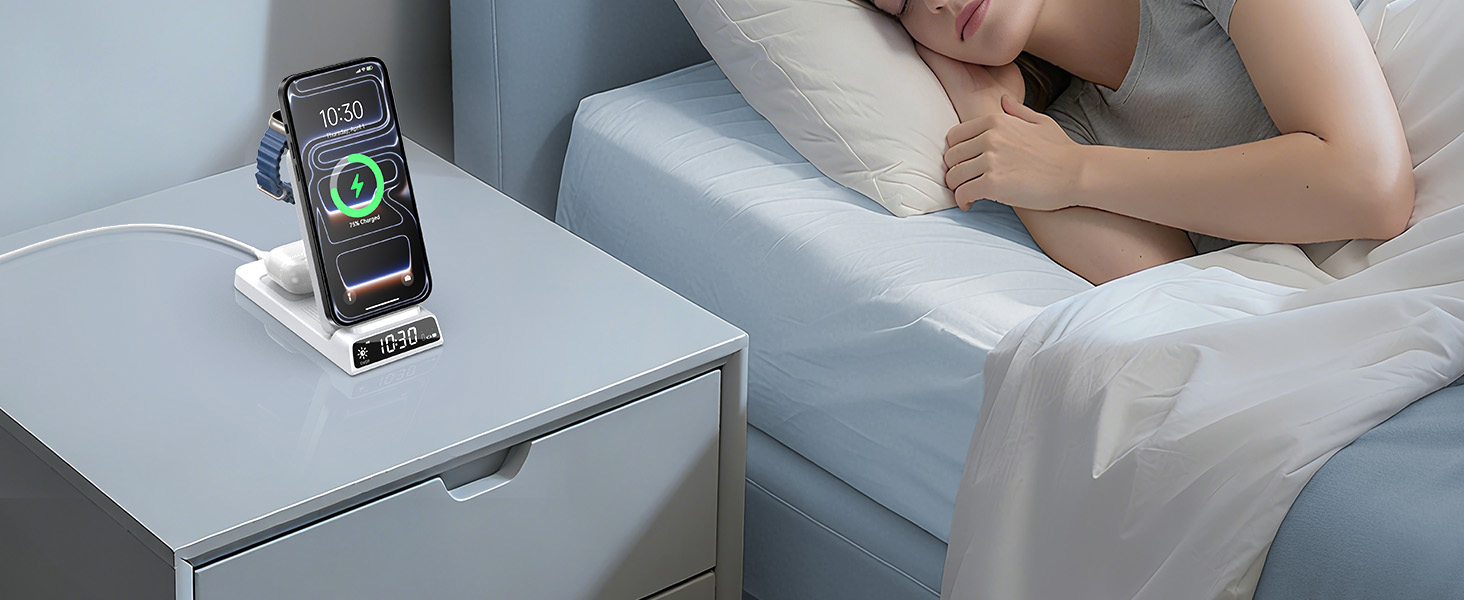 MagSafe Зарядна станція 3-в-1 для Apple Watch та iPhone 15/16/17 Pro Max, бездротовий зарядний пристрій для AirPods (25W адаптер, білий)