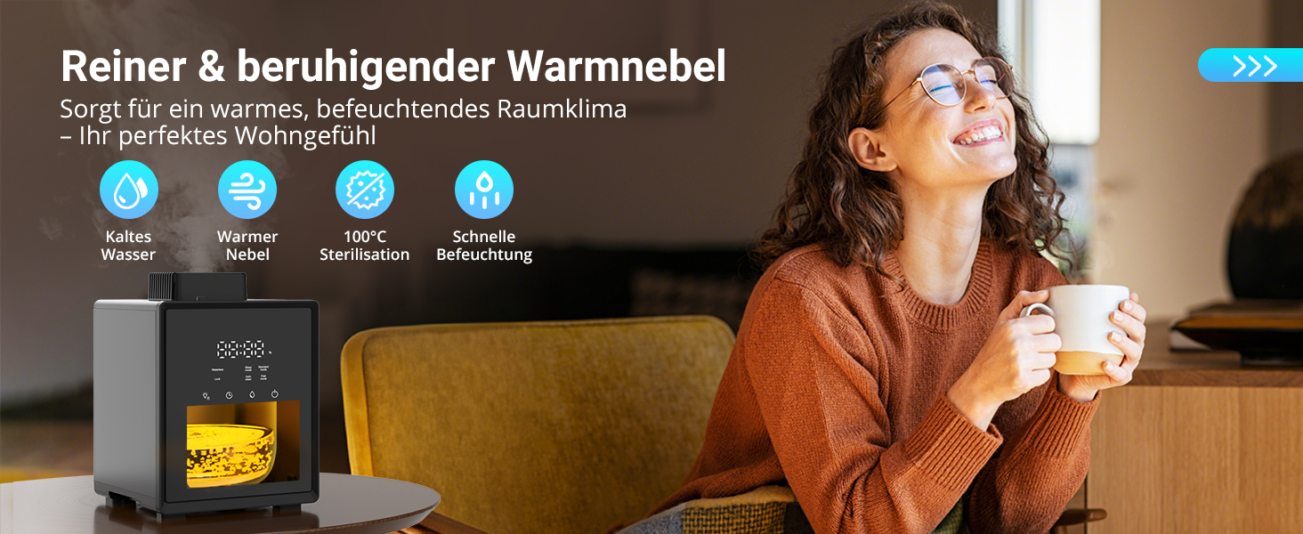 Зволожувач повітря для спальні та вітальні з верхнім заповненням, 3L, нержавіюча сталь, теплий туман, знищує 99,97% бактерій, з режимом сну, білий (чорний)