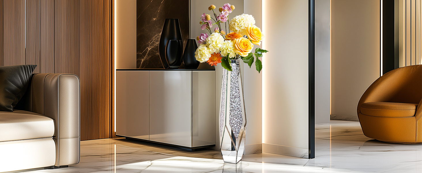 Ваза для квітів напольна 68 см, срібна ваза з кристалами для пампас трави, скляна ваза з дзеркальними діамантами, декоративна розкішна блискуча ваза для вітальні, декор інтер'єру – не для води (23 см x 85,5 см)