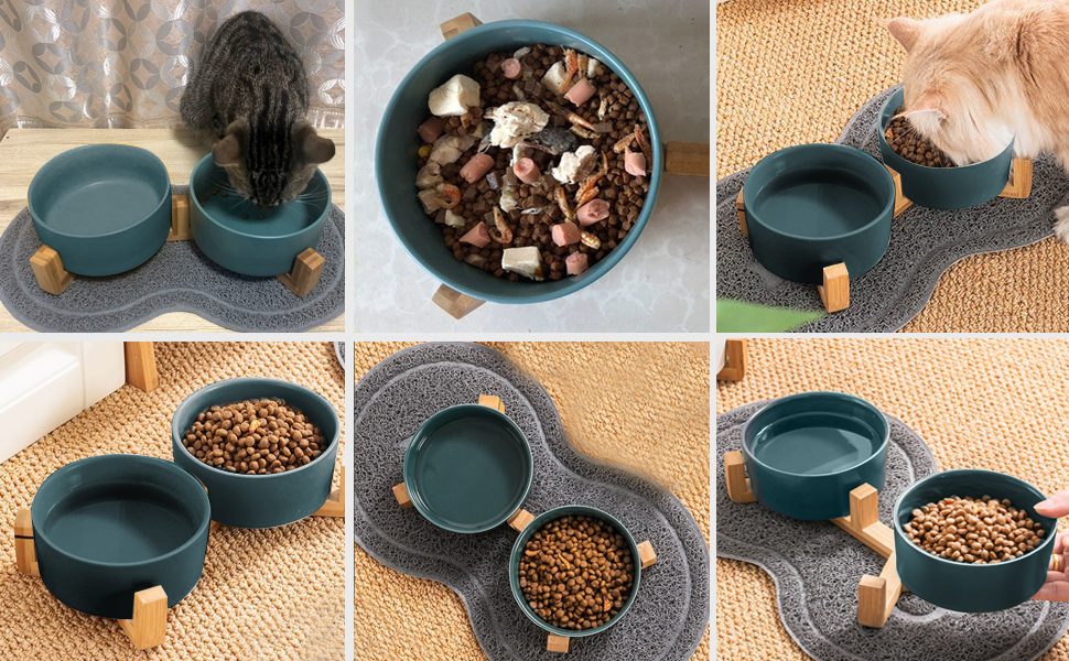 Миска для корму для собак та котів з кераміки з бамбуковим підставкою та антиковзним килимком (400 мл, 2 шт. - зелений)