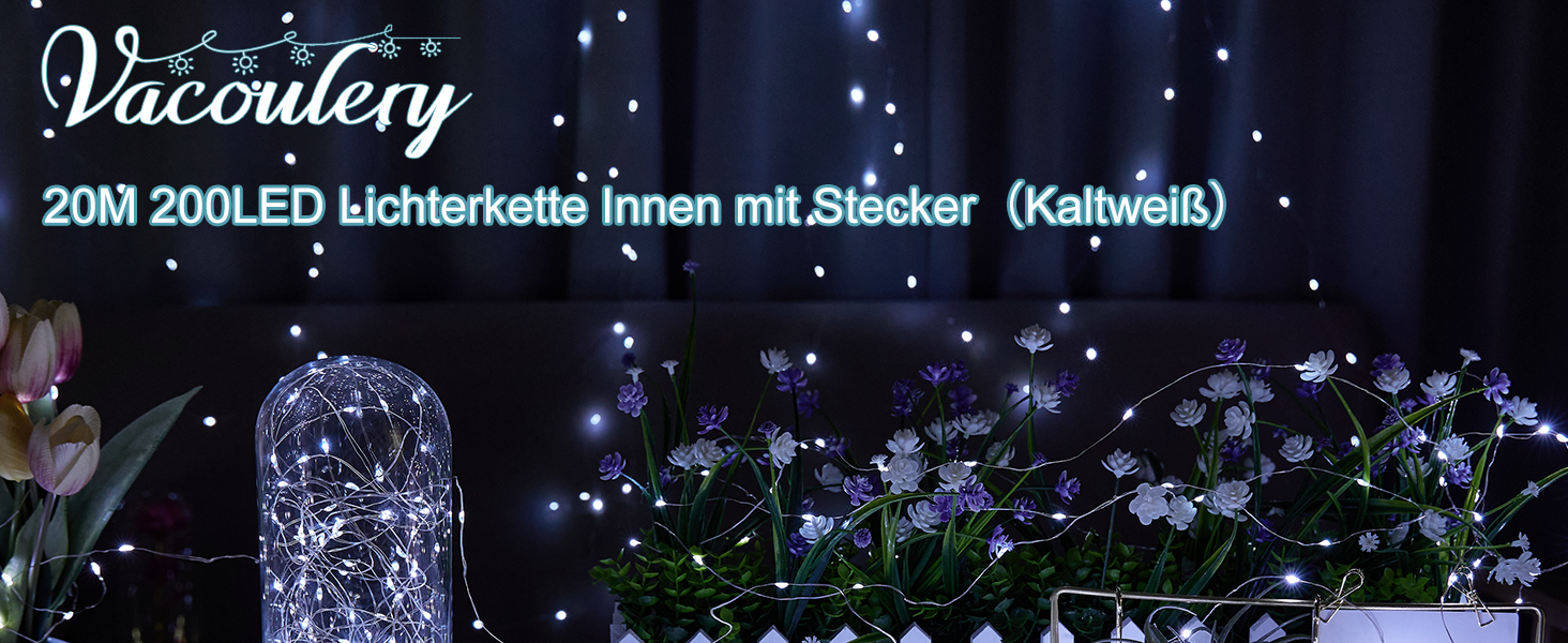 LED гірлянда світлодіодна, 23м, 200 LED, на батарейках, з таймером, 8 режимів, для дому та саду, на Різдво, Великдень, вечірку, декорування (1 шт, холодне біле світло)