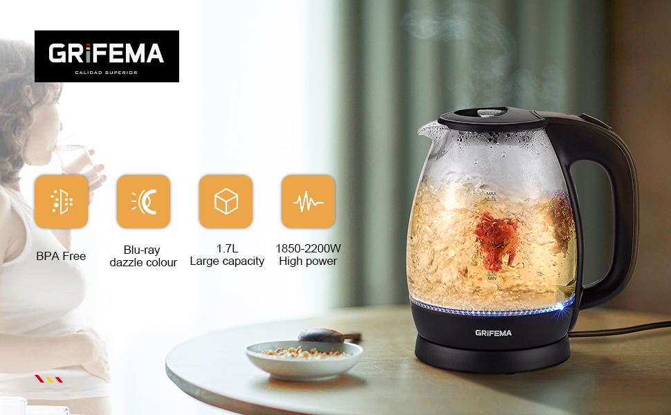 Електричний чайник GRIFEMA 0.8L, 1100W з фільтром від накипу, без BPA, автоматичне вимкнення, захист від перегріву, білий (скло 1.7L)