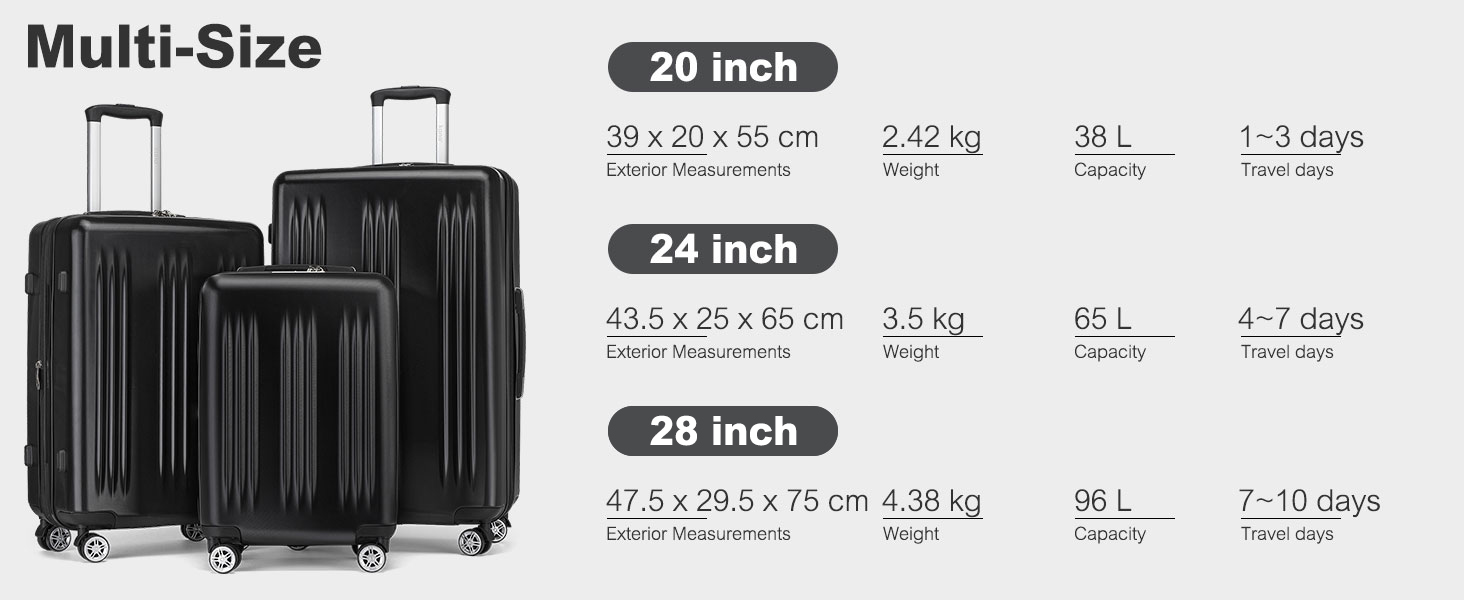 Набір валіз KONO 3 шт. з жорстким корпусом: 55 см, 65 см, 75 см. Розширювані, легкі, з TSA-замком та 4 колесами. Підходить для ручної поклажі.