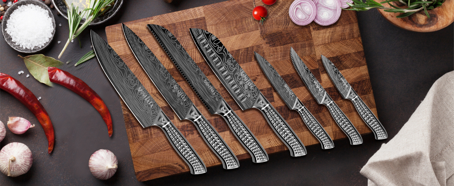 MOSFiATA 17-Piece Knife Set with Block - Professional Kitchen Knife Set with Titanium Coating, Stainless Steel, Scissors, Finger Guards & Gift Box