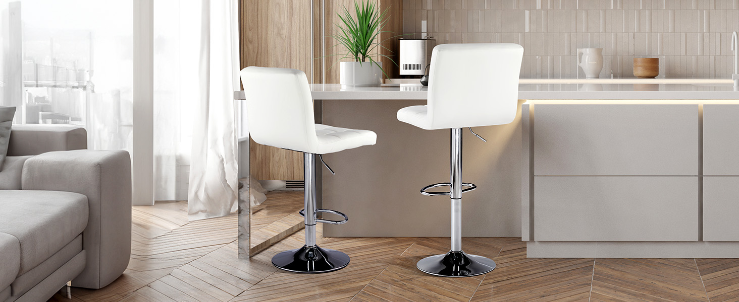 DUMOS 2-Piece Adjustable Bar Stool Set - Modern Style Metal Bar Stools for Kitchen, Bar, and Living Room (White)