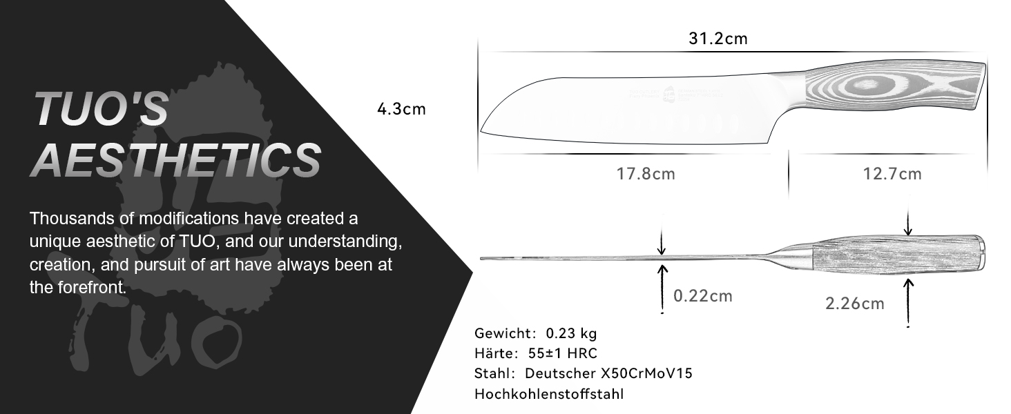 TUO Santoku ніж: професійний японський ніж з нержавіючої сталі, 18 см, ергономічна ручка з паккавуду, серія Fiery Phoenix