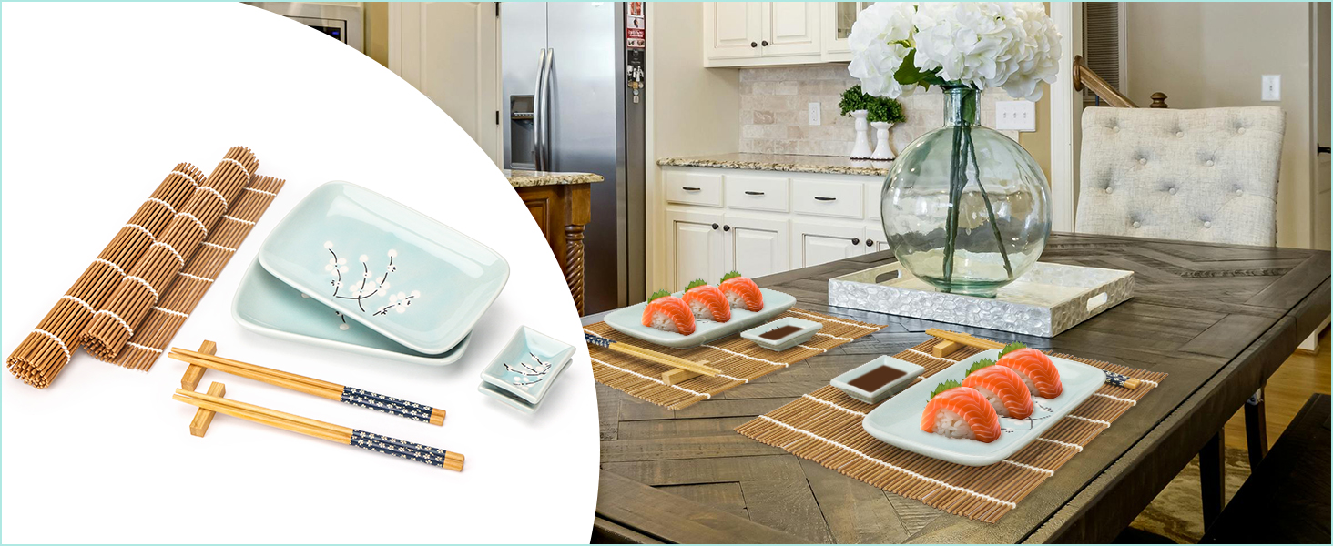 Набір для суші Exzact (10 шт.) – 2 тарілки, 2 миски для соусу, 2 підставки під столові прилади, 2 пари паличок для їжі – високоякісний фарфор, у подарунковій коробці – блакитний колір