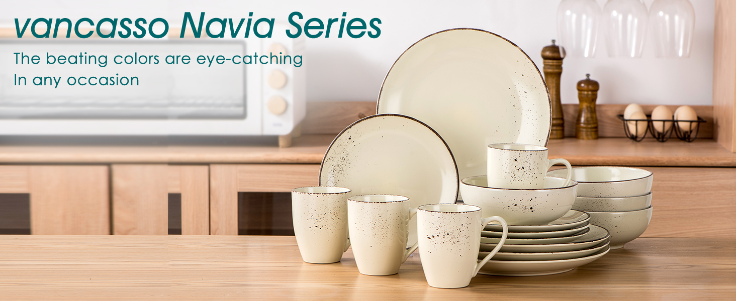 Набір посуду Vancasso NAVIA, 16 предметів, кераміка, для 4 осіб, розпис, тарілки, салатники, миски, кремовий