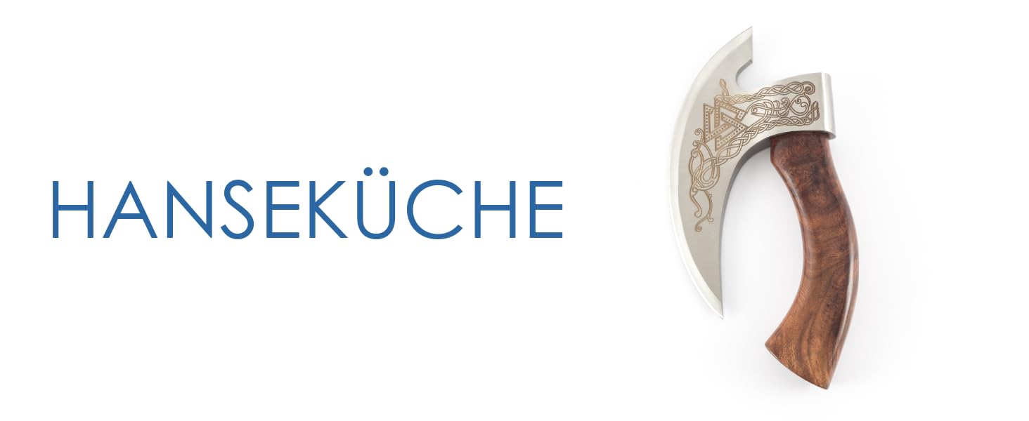 Піца-ніж Hanseküche у формі сокири з вікінзькими рунами та шкіряним чохлом – хвильовий ніж для піци й зелені, подарунок чоловікові