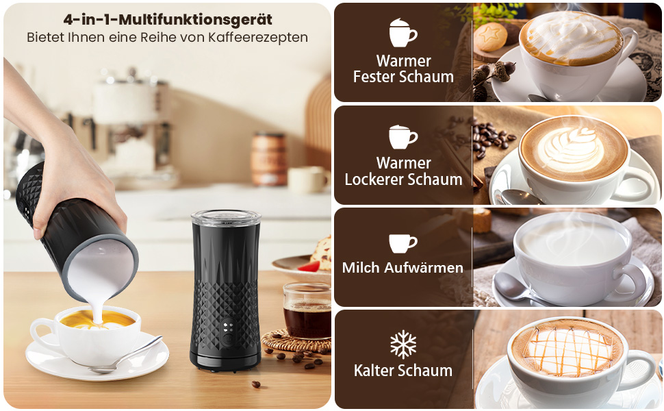 Електричний спінювач молока HAPPHOOH 4-в-1, 240 мл, чорний, з автоматичним відключенням та антипригарним покриттям