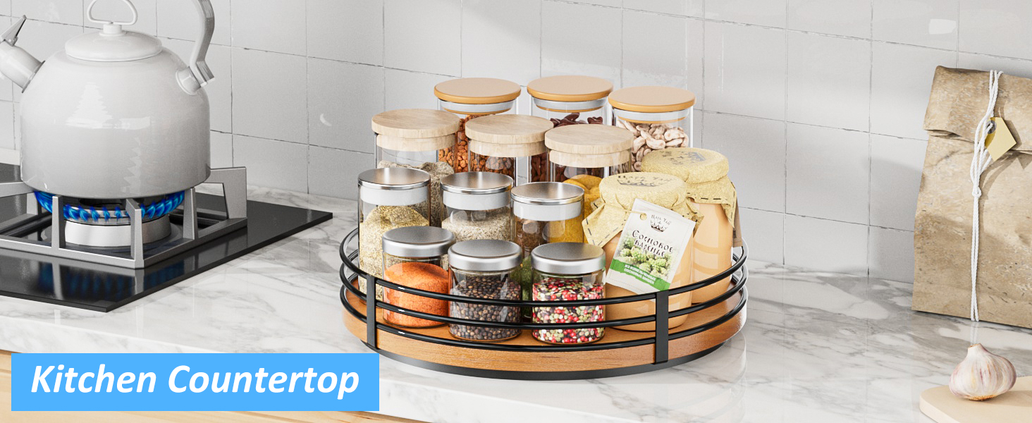 Wooden Lazy Susan Turntable Organizer, round, for cabinet, kitchen, countertop, pantry, dining table, bathroom, cafe, bar, spice storage, home decor