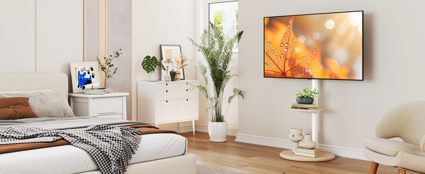 Підставка для телевізора RFIVER мобільна з роликами, біла, 32-65 дюймів, з поличкою, регульована висота та нахил, до 40 кг, VESA 400x400 мм