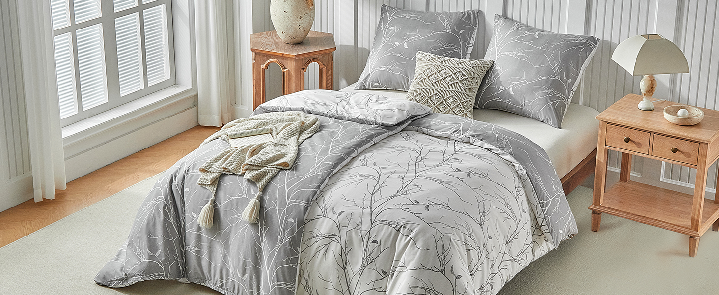 Постільна ковдра Lekesky 135x200 4-х частинна - 2 наволочки 135x200 см + 2 наволочки 80x80 см, квітковий принт, сірий поліестер мікрофібра з блискавкою, гілки сірий/білий
