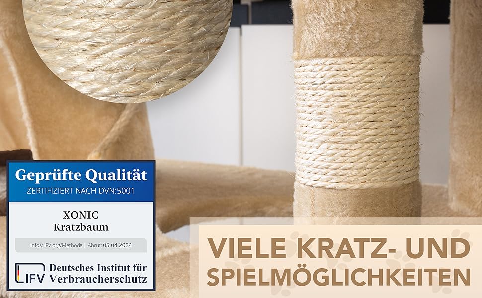 Кігтеточка Foxdevil для котів Xonic® - багатофункціональна кігтеточка з оглядовою платформою, гамаком, затишною печерою, іграшковою шнуркою, сходами – 141 см – (Бежевий/Коричневий V1)