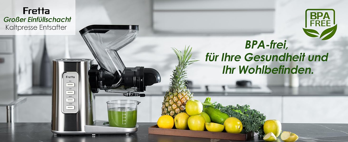 Електричний соковитискач Fretta Slow Juicer з нержавіючої сталі, 200W, Cold Press, велика завантажувальна горловина 76 мм, висока сафровидача, легке очищення, без BPA