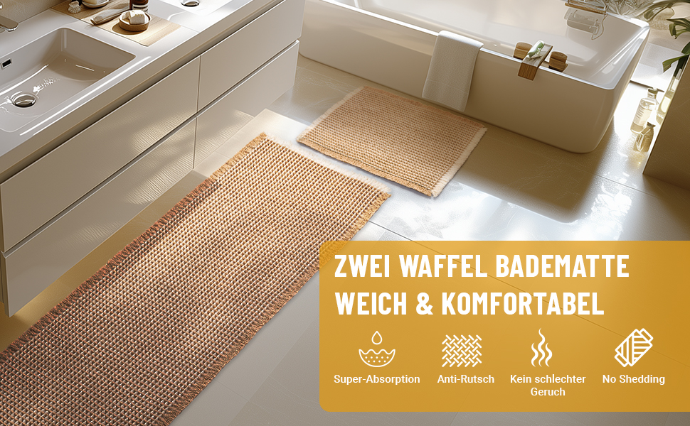 Boho Bathroom Rug Set - Non-Slip Bath Mats (2-Piece) - Washable Shower Rugs for Bathroom, Bedroom, Living Room - 51x120cm + 41x61cm (Brown & White)