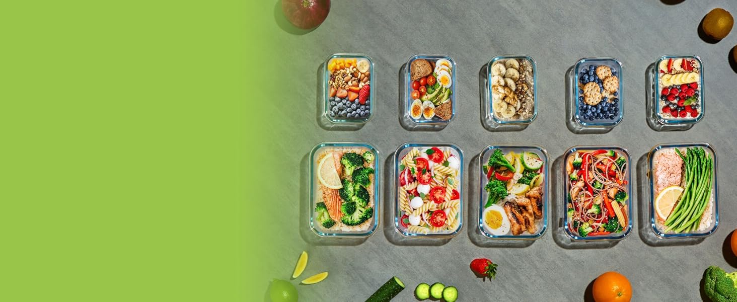 Набір контейнерів VonShef для зберігання їжі (10 шт.) – 1050 мл та 370 мл, придатні для духовки та мікрохвильової печі, миючі в посудомийній машині, герметичні та витікання, ідеальні для приготування їжі на тиждень