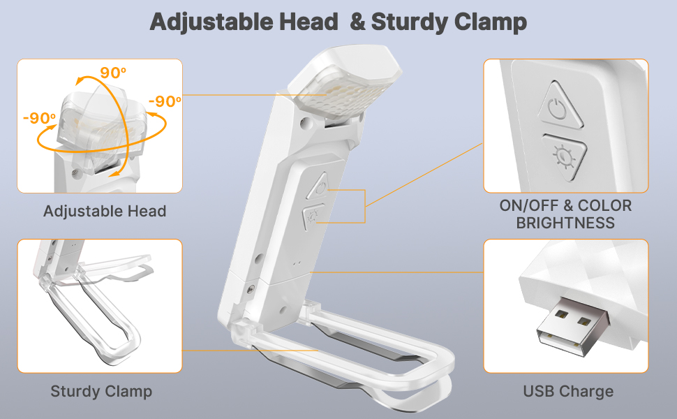 LED лампа для читання Mexllex на прищіпці, перезарядна, 3 кольори, 5 рівнів яскравості, нічник для дітей, білий