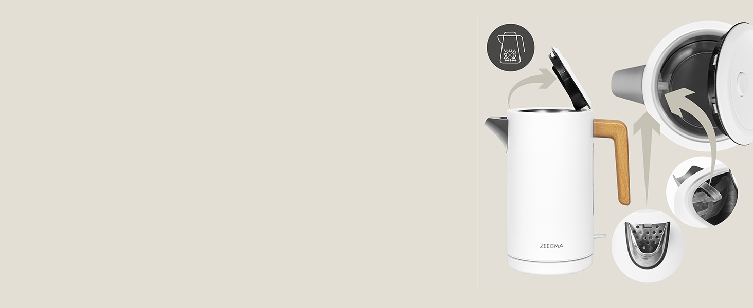 Електричний чайник ZEEGMA KETLEE 1.7L бездротовий, нержавіюча сталь, 2200W, для чаю та кави, автоматичне відключення, LED-дисплей, сучасний дизайн (білий)