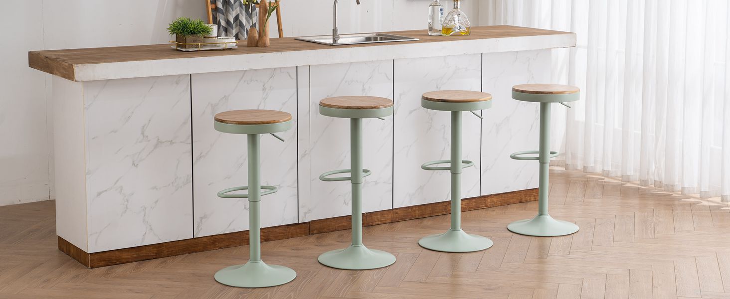 YOUNIKE Adjustable Bar Stools Set of 2 - Wooden Swivel Bar Height Stools with Footrest for Kitchen & Bar - Vintage Green