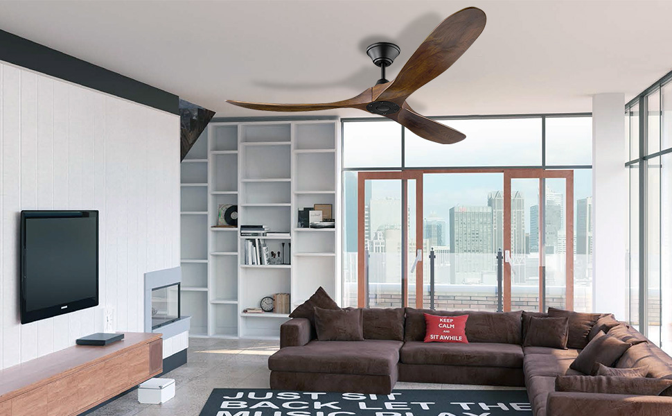 Вентилятор стельовий дерев'яний без освітлення з пультом керування, тихий, для вологого приміщення (152см, коричневий)