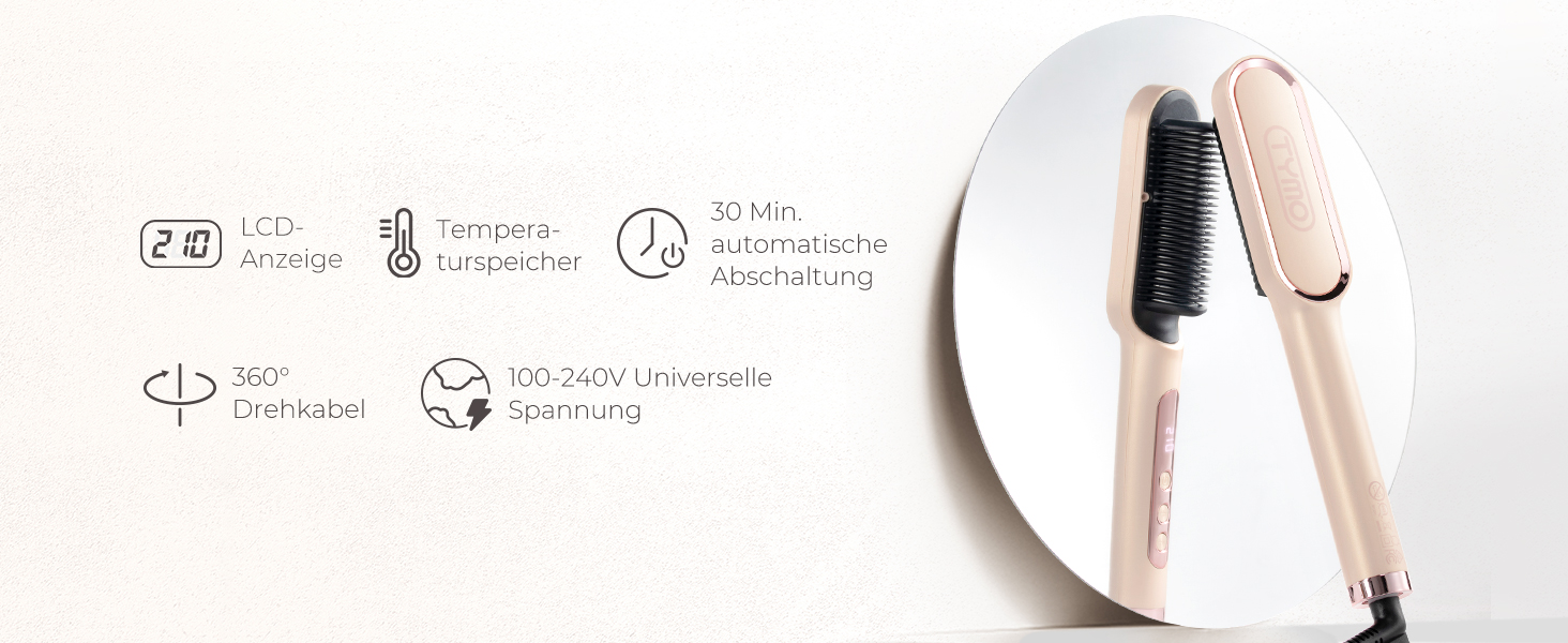 TYMO RING PLUS Іонний випрямляч для волосся та гребінець - золотий, з нано-титановим покриттям, 9 температурних режимів, LCD-дисплей