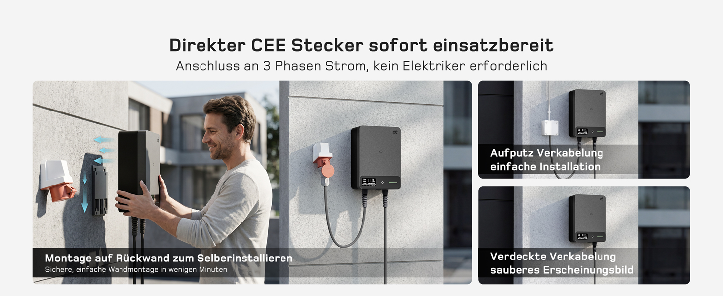 Wallbox 11 кВт з Wi-Fi та кабелем Type 2 7,5м, 3-фазне зарядне для електромобілів (BEV/PHEV), захист RCD Type A 30mA/DC 6mA, IP54, чорний