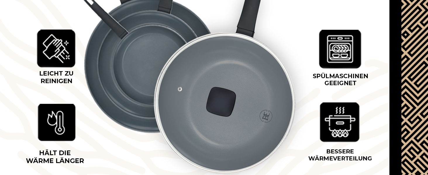 Набір сковорідок Be Living Delight 4 шт. (20/24/28 см + Вок 28 см з кришкою), антипригарне покриття кераміка, для індукційних плит, без PTFE та PFOA, чорний