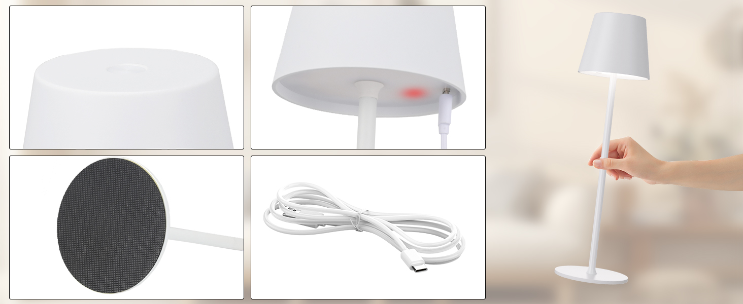 Акумуляторна настільна LED лампа бездротова з USB-C зарядкою, регульована яскравість, 3 режими світла, сенсорна лампа для дому, спальні, кемпінгу (біла)