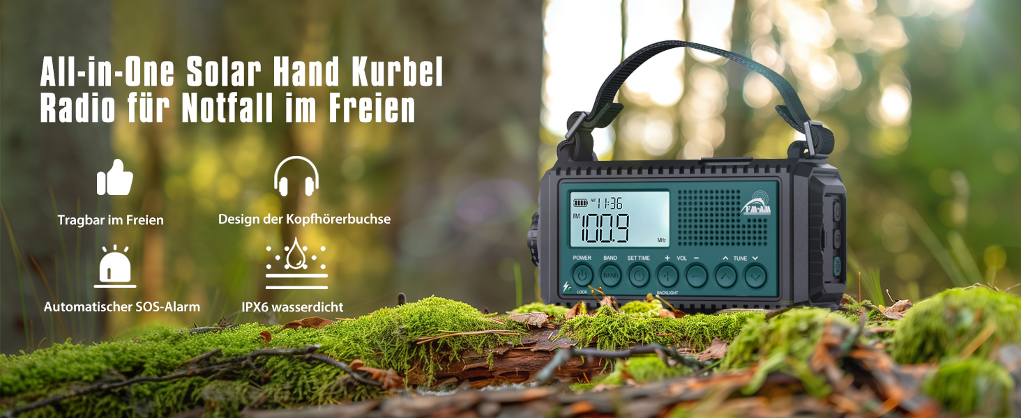 Радіо на сонячній батареї та ручному заводі Kurbelradio 12000 mAh з LED ліхтарем, AM/FM/SW, для надзвичайних ситуацій, чорний