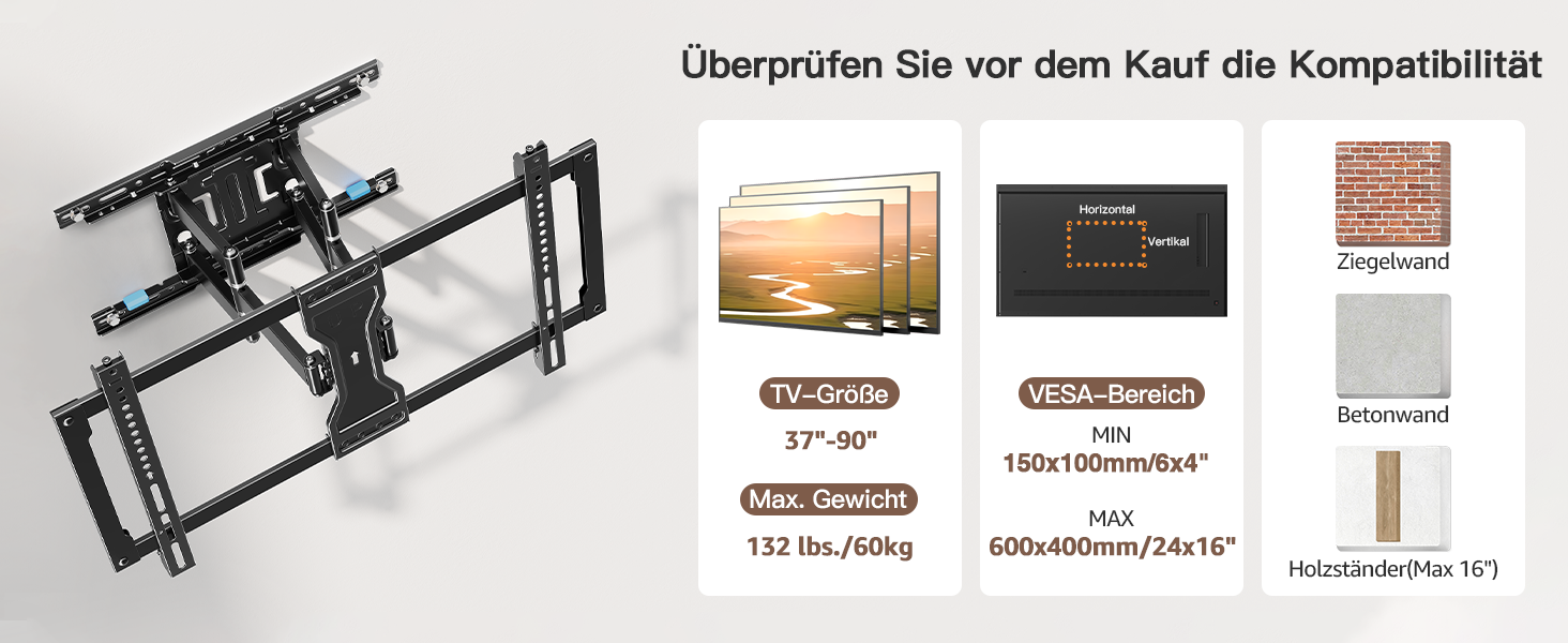 Настінне кріплення для телевізора ELIVED Ultra Slim 37-90 дюймів, поворотне, VESA 600x400, до 60 кг