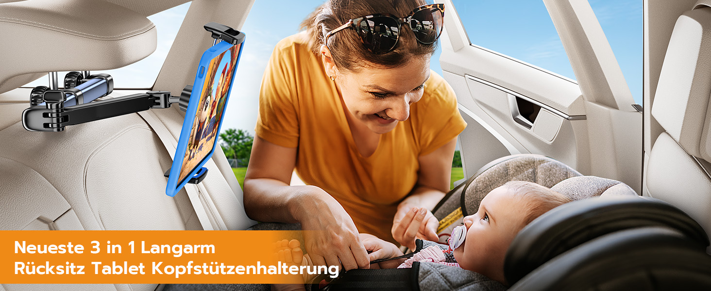 Тримач для планшету TRYONE в авто: кріплення на підголівник, 46 см, 3-в-1, для дітей, сумісний з iPad, Samsung Tab, Switch, телефонами (4.7-13 дюймів)