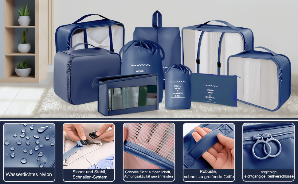 Органайзер для валізи OBSGUMU, набір 9 шт. - Packing Cubes для подорожей, косметичка, валізні органайзери (Marineblau)