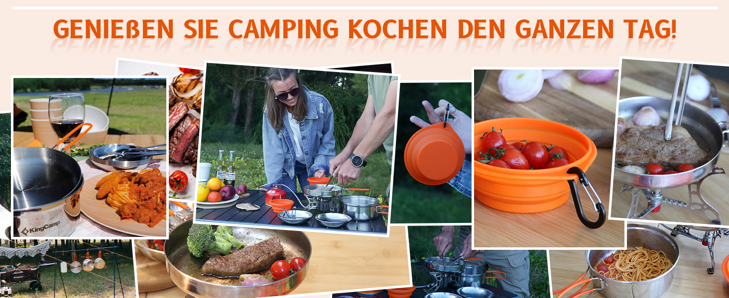 Набір посуду для кемпінгу KingCamp на 2-4 особи: нержавіюча сталь, складаний посуд, легко важить, набір каструль та сковороди для кемпінгу, 2 каструлі + 1 сковорода + столові прибори