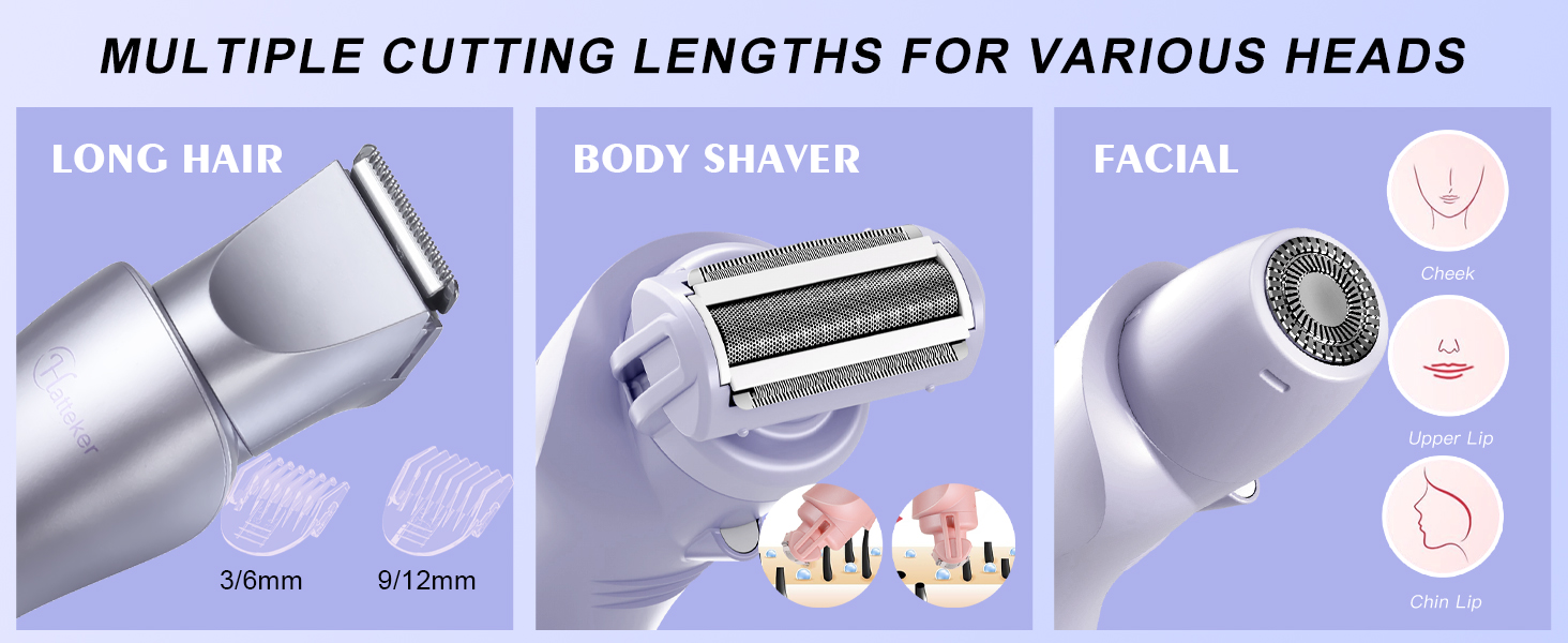 Електричний жіночий епілятор Hatteker 3-в-1: тример для бікіні, бритва та епілятор. З LED-дисплеєм, водонепроникний IPX7, USB-зарядка (фіолетовий)