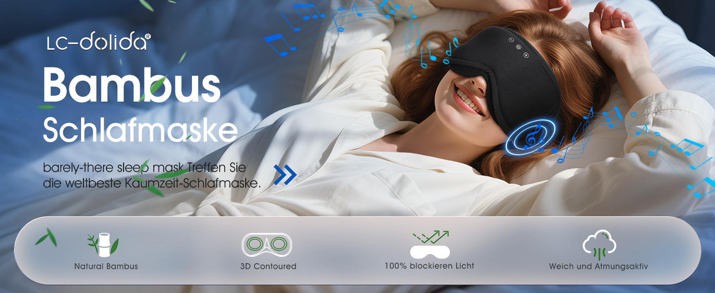 Маска для сну Dolida з Bluetooth навушниками, 3D бамбукова маска для очей, чорна. Комфортний сон для жінок та чоловіків.