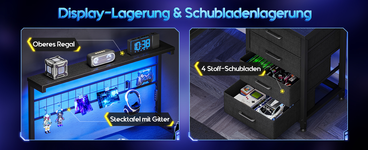 Ігровий стіл Coleshome з LED підсвічуванням, 130 x 100 см. Реверсивний стіл з шухлядами та розетками, кутовий стіл з полицею та місцем для зберігання, чорний