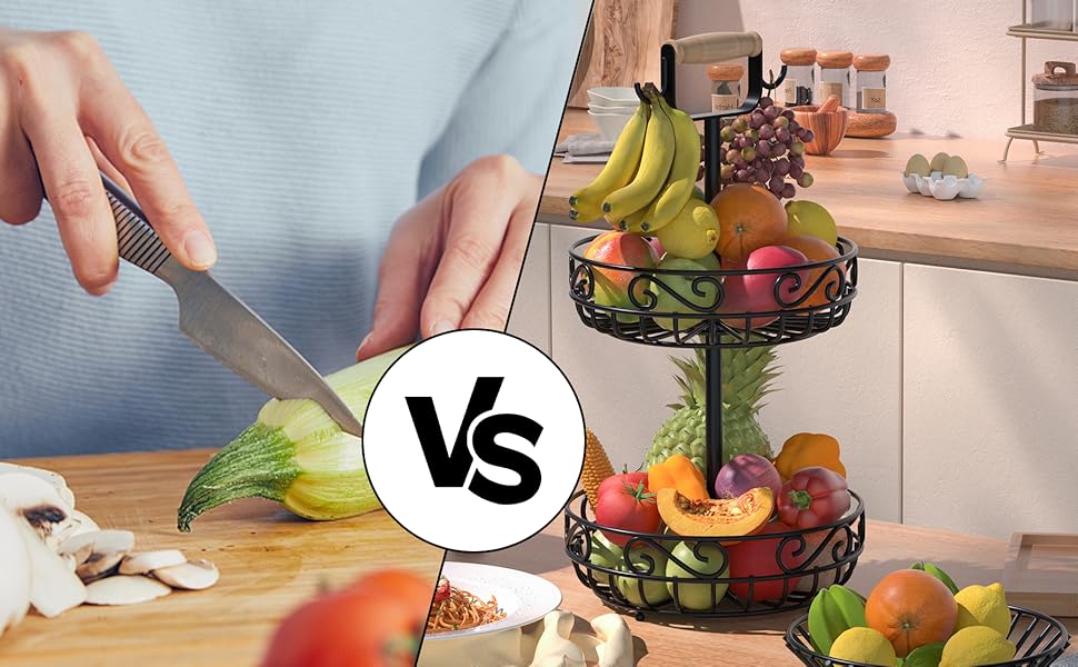 Двоярусний кошик для фруктів Couwilson з підвіскою для бананів та дерев'яною ручкою - органайзер для фруктів, овочів, хліба, цибулі, картоплі (Чорний)