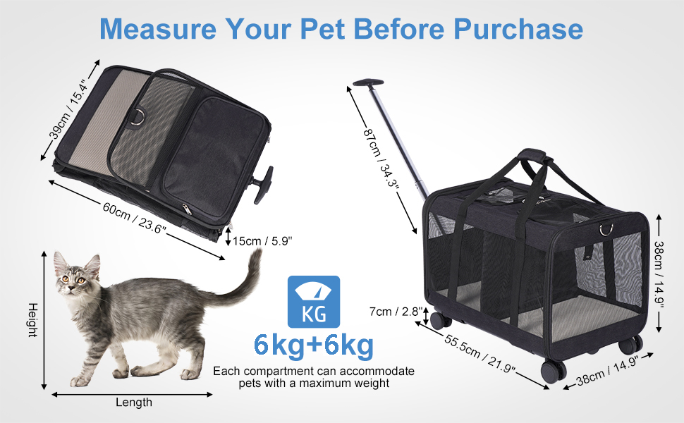 Транспортна переноска для котів та собак з подвійним відділенням, знімною перегородкою та колесами, чорна, L