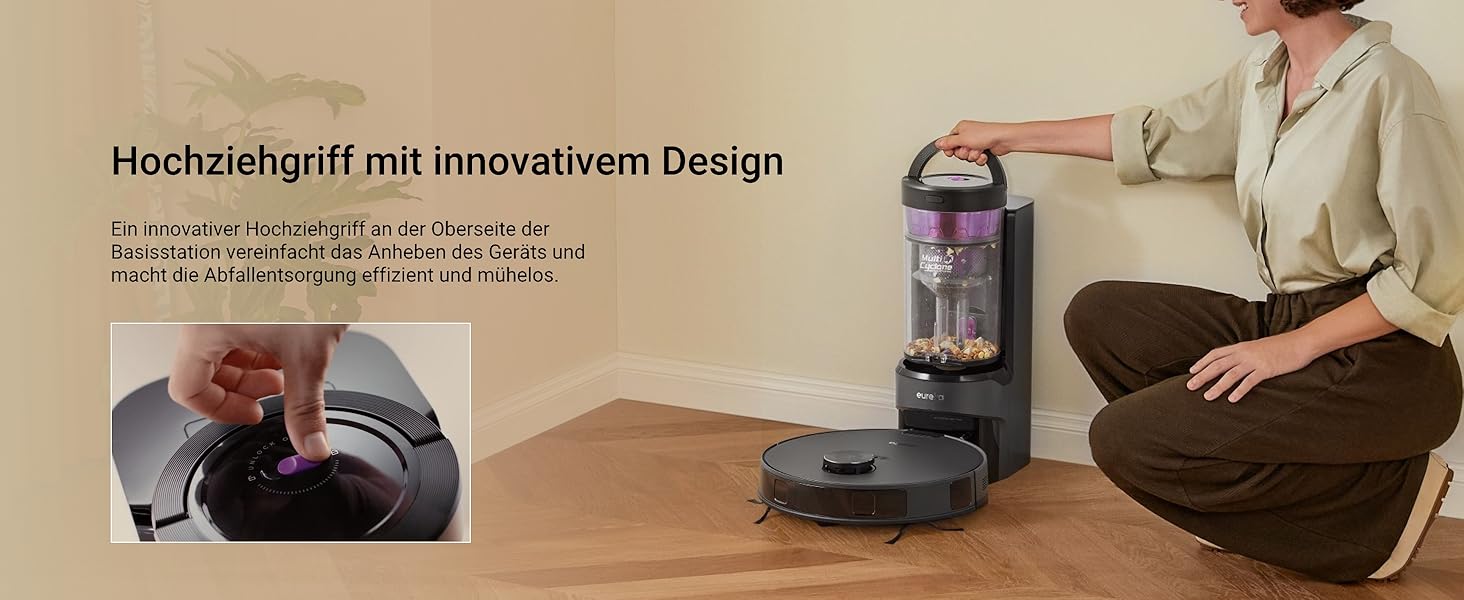 Робот-пилосос EUREKA E20 Plus чорного кольору з функцією миття підлоги, LiDAR-навігація, 4000Pa, автопідняття мопа, керування через додаток та голосовий помічник, ідеально для видалення шерсті тварин