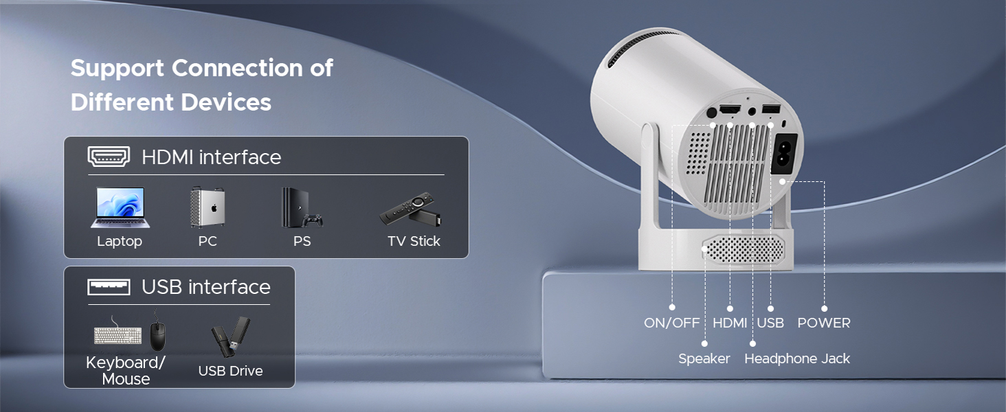 Портативний проєктор Mini Beamer з динаміком: 1080P/4K, WiFi 6, Bluetooth 5.0, автоматичне корегування трапецеїдальних спотворень, 220° обертання, для домашнього кінотеатру та використання на вулиці